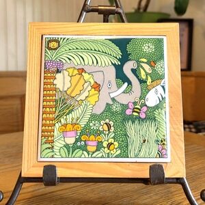 Vintage MCM Mike Schnorr Jungle Themed Wood Framed Tile wall decor NTK Japan